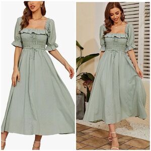 R. Yiposha Square Neck Smocked Ruffle Puff Sleeve Midi Dress Women's Size XL